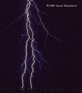 Cloud-to-ground lightning over eastern Colorado showing stepped leaders and multiple return strokes.