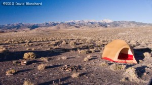 High desert camping in Nevada with early morning light on the White Mountains to our west