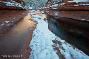 Slide Rock State Park with layers of ice, snow, and sandstone.
