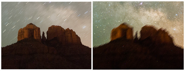 Long exposure without tracking (left) and with tracking (right).