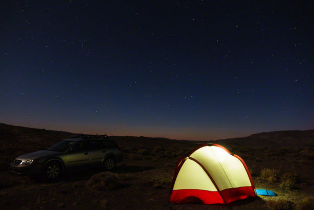 Car camping near <a href="https://en.wikipedia.org/wiki/Boundary_Peak_(Nevada)" target="_blank">Boundary Peak</a> in the Nevada desert. This was the peak night of the Perseid meteor shower and the dark skies resulted in a great show.