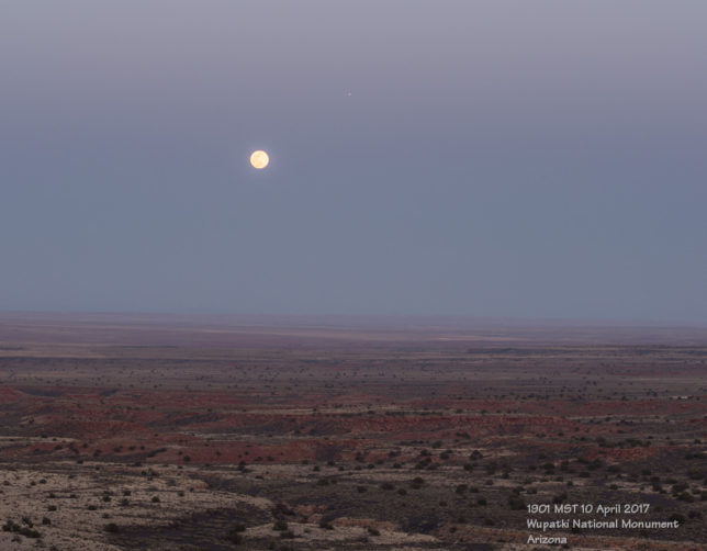 Moon and Jupiter rising above Wupatki National Monument.