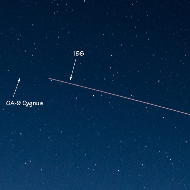 The ISS and OA-9 Cygnus move across the sky.