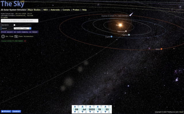 Comet and planetary positions on 09 July 2020.