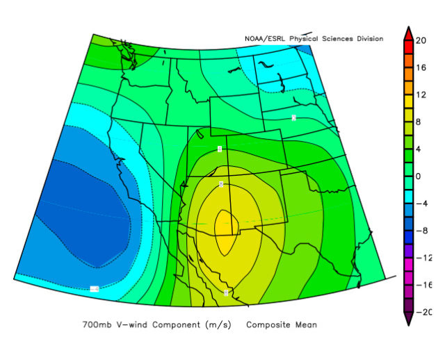 Composite 700-mb v-component of the wind field.