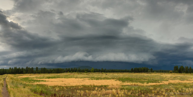 Panorama of a severe thunderstorm with shelf cloud approaching Kachina Wetlands.