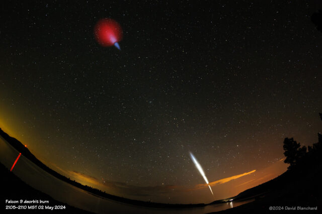 De-orbit burn of the Falcon 9 second stage as it moves over the southwestern United. States. Note the red glow as water vapor from the expelled exhaust briefly deionizes the ionosphere.