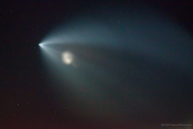 The 1st stage continues to produce a spiral rocket exhaust cloud.