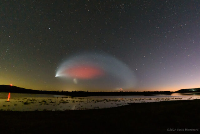 Wide-angle photograph of the Firefly Alpha launch. The exhaust plume from the 1st stage can be seen low near the horizon while the rapidly expanding rocket exhaust from the 2nd stage develops an arch shape. Also visible is the red glow in the ionosphere.