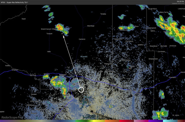 Radar screen capture showing location of storm relative to my position.