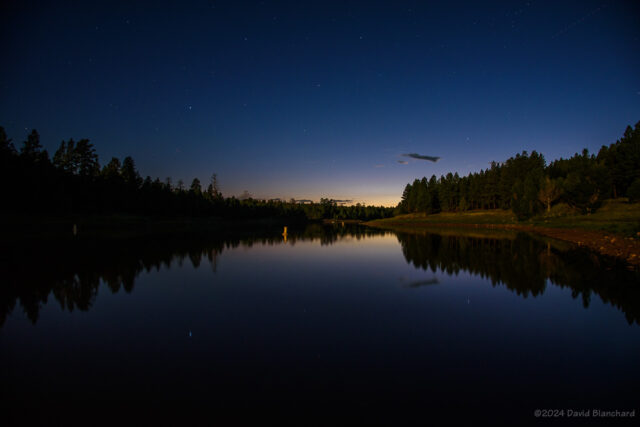 Long-exposure shot of Upper Lake Mary with residual twilight glow in the western sky.