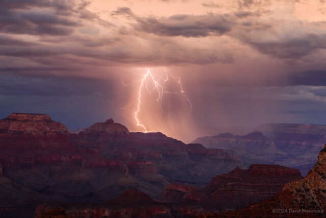 A highly-branched lightning bolt lands in Grand Canyon.