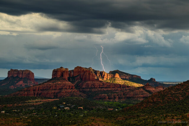 A lightning bolt behind Cathedral Rock in Sedona.