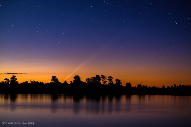 The comet has risen above the trees and the tail remains strikingly visible while the reflection has dimmed.