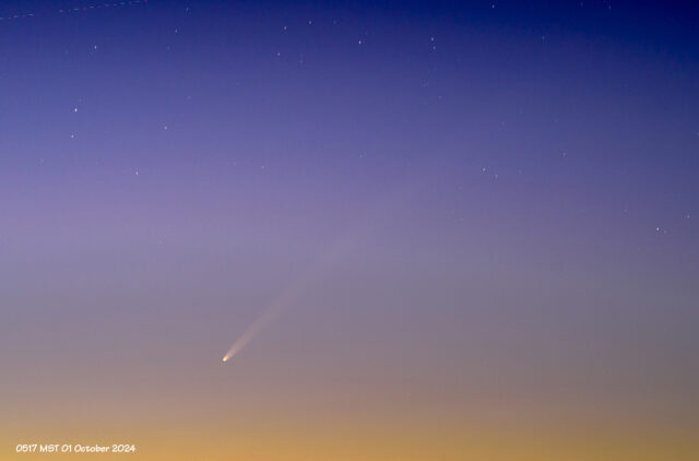 Close up of the comet and tail in the bright twilight. (01 October 2024)