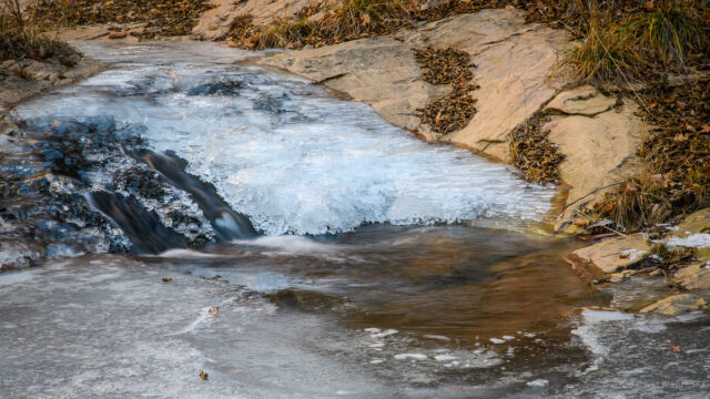 There are no waterfalls in West Fork Oak Creek. This is the closest thing with a small cascade of water pouring over the sandstone.